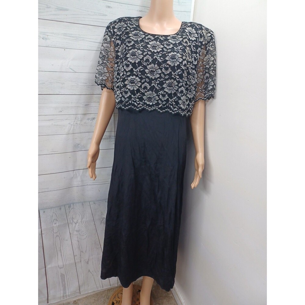 Vtg Jeffrey & Dara Linda Hutley Maxi Black Dress Sz 16 Lace Upper